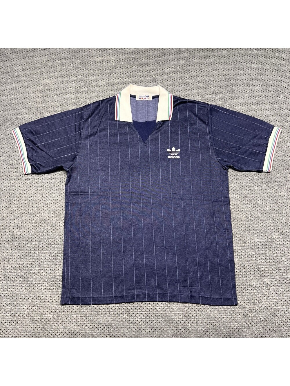 Vintage 1970S Adidas Silk T-Shirt XL Rare Men’s Navy Blue Collared Pinstripe